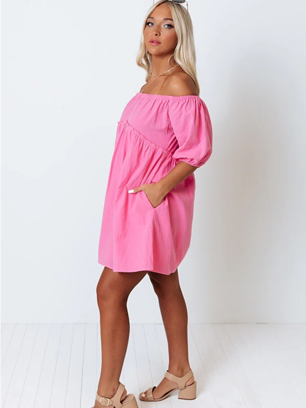 💗Vici- Babydoll Mini Dress in Bright Pink-Pockets-Size L